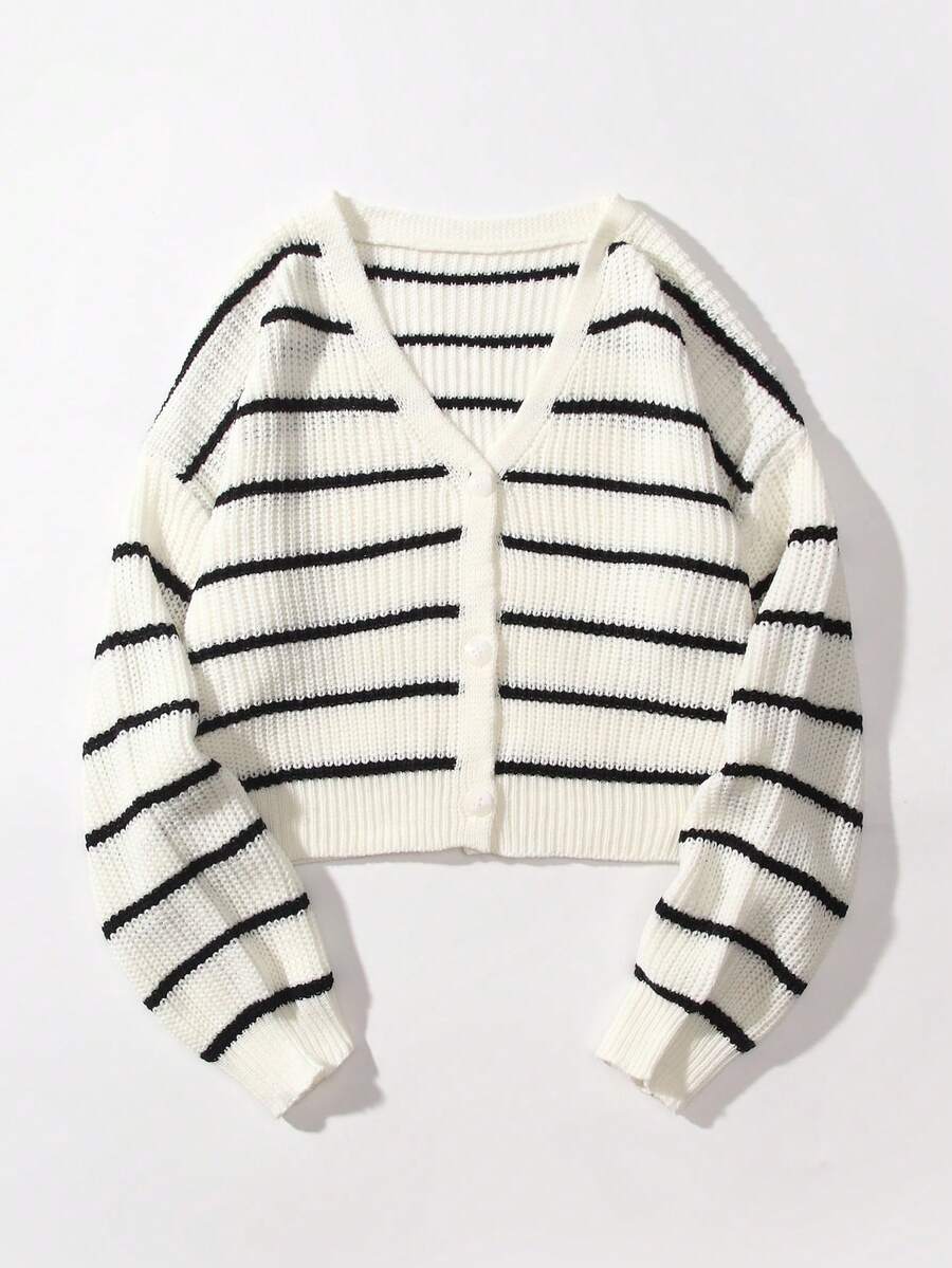 SHEIN Qutie Mẫu sọc Nút phía trước Áo len Mở - Đen và trắng - Xem 1