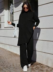 SHEIN Cottnline Women's Solid Color Sweater And Trousers Two Piece Set - Black - View 6