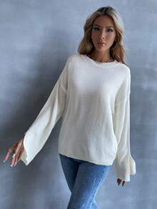 SHEIN LUNE 女款純色落肩毛衣 - 米色 - 查看 3