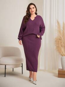 Mulvari Women's Plus Size Notched Neck Drop-shoulder Sweater & Skirt Set - Red Violet - View 1