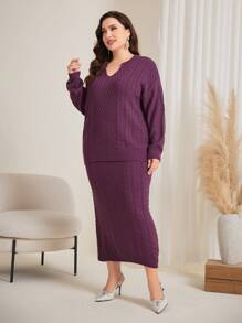 Mulvari Women's Plus Size Notched Neck Drop-shoulder Sweater & Skirt Set - Red Violet - View 4