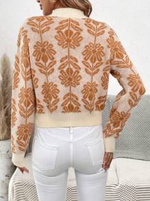 SHEIN Frenchy 花卉圖案小高領落肩袖套頭毛衣 - 杏色 - 查看 2