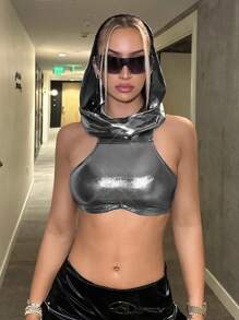 SHEIN ICON Solid Crop Hooded Metallic Tank Top - Silver - View 1