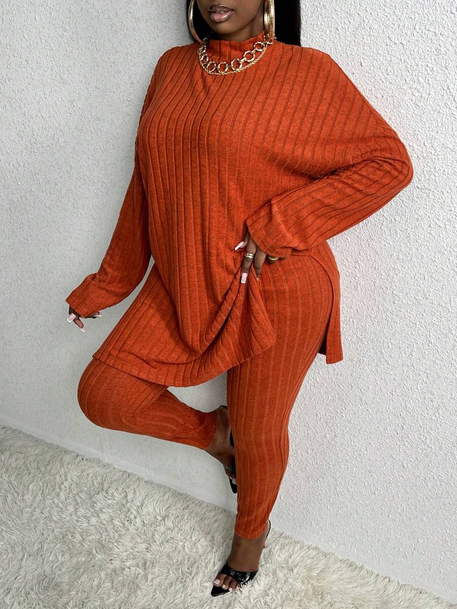 Slaydiva Hơn Cổ giả Thả vai Viền chia cắt Áo thun và Leggings - màu nâu - Xem 1