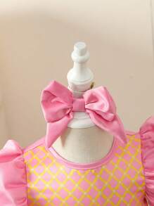 Baby Girls' Elegant Wedding Dress With Tulle Flounced Hem, Satin And Golden Print Design, With A Headband - Hot Pink - View 4