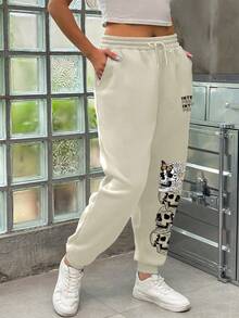 SHEIN EZwear 加大號骷髏花紋印花束口休閒運動褲 - 杏色 - 查看 6