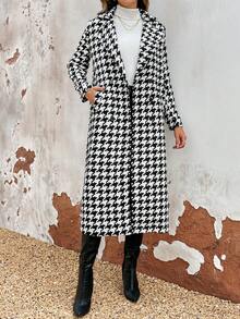 Chiquease Houndstooth Print Lapel Neck Overcoat - Apricot - View 4