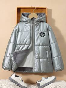 SHEIN Tween Boys' Casual Patch Hooded Warm Winter Parka Jacket, Thick Woven Solid-Color Outerwear - Silver - View 2