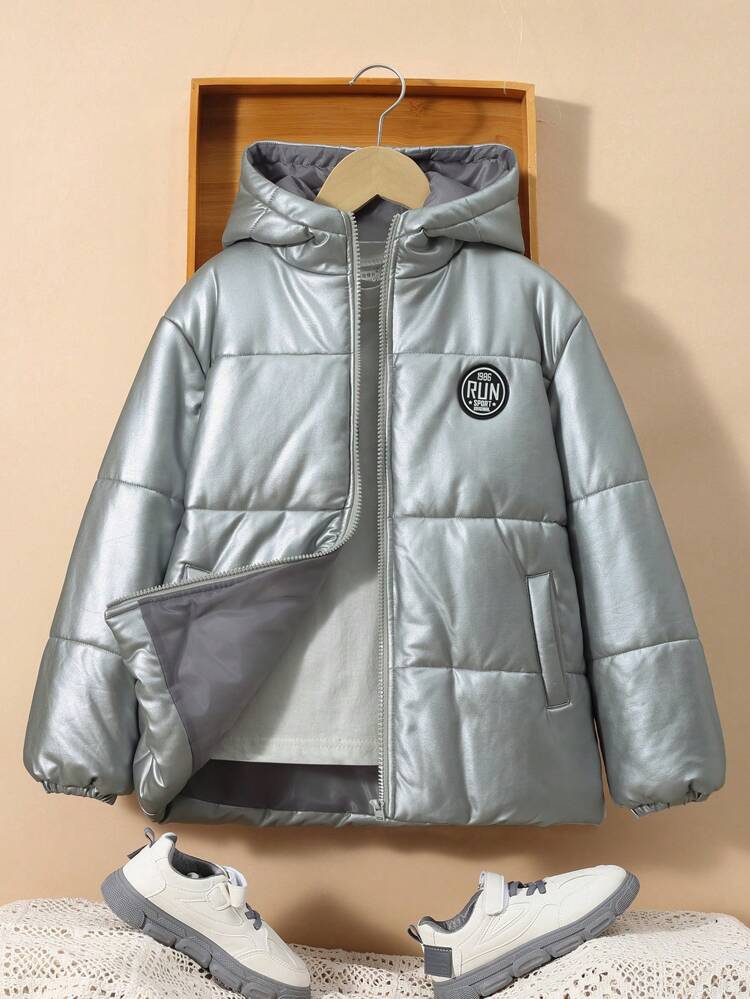 Tween Boys' Casual Patch Hooded Warm Winter Parka Jacket, Thick Woven Solid-Color Outerwear