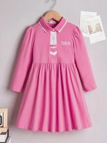SHEIN Young Girl Letter Graphic Contrast Trim Dress - Pink - View 1