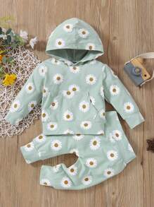 2pcs Baby Girls' Cute Flower Printed Kangaroo Pocket Hoodie And Pants Set, Soft & Comfortable, Casual - Multicolor - View 1