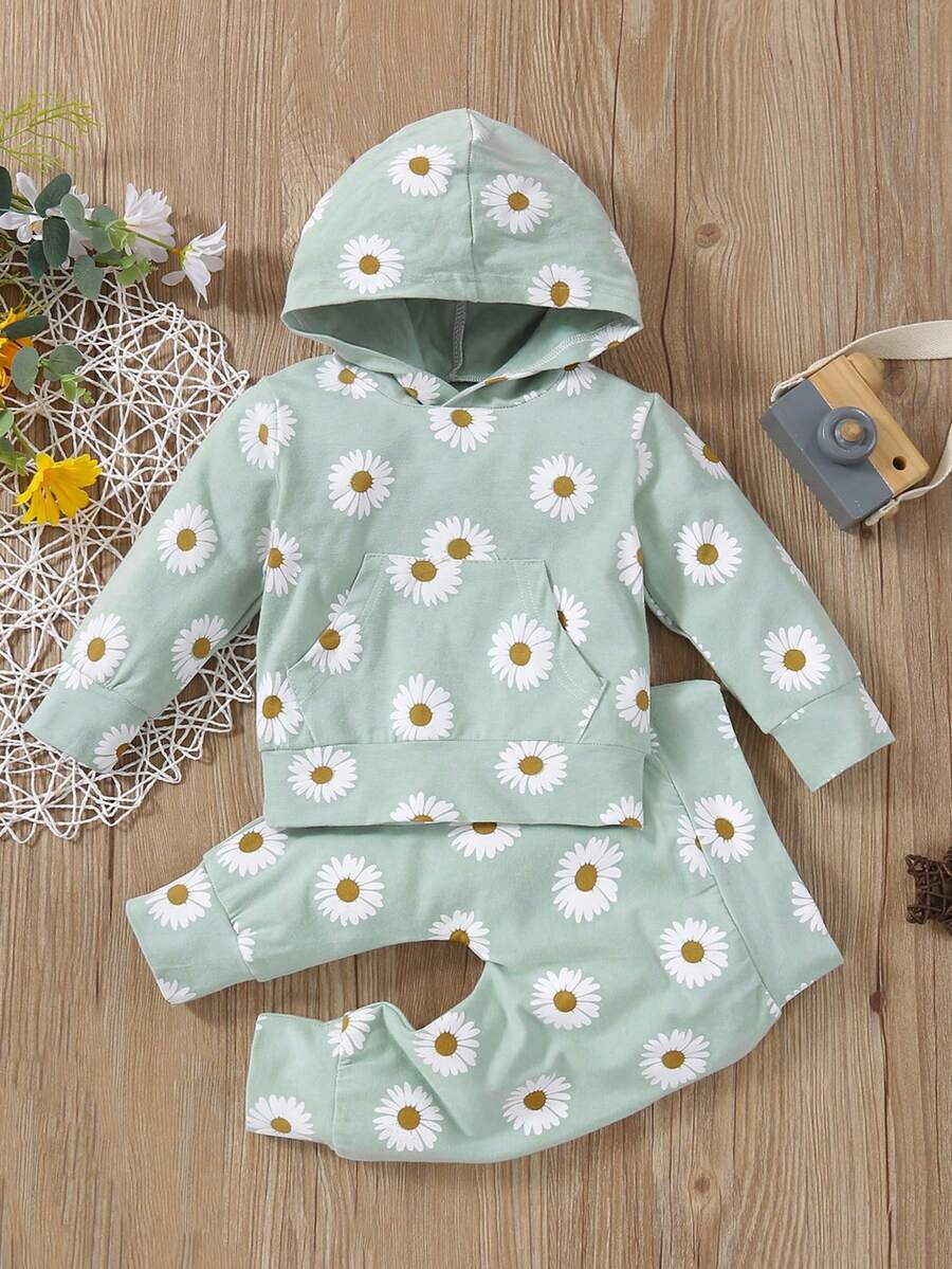 2pcs Baby Girls' Cute Flower Printed Kangaroo Pocket Hoodie And Pants Set, Soft & Comfortable, Casual - Multicolor - View 1
