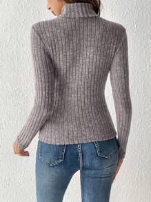 SHEIN Essnce Áo thun nữ Gân đan màu trơn Giải trí - Màu Xám nhạt - Xem 2