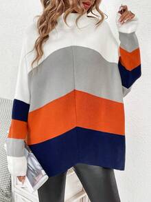 SHEIN Frenchy Color Block Turtleneck Batwing Sleeve Sweater - White - View 3