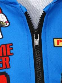 流行的嬰兒男孩連帽拉鍊上衣和彈性腰長褲套裝,印有字母和蘑菇圖案,街頭風格 - 藍色 - 查看 3