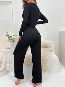 Lace Trim Button Front PJ Set / Pajama Set - Black - View 2