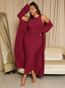 SHEIN SXY 大码罗纹针织紧身连衣裙搭配前开外套套装 - 酒紅色 - 查看 1