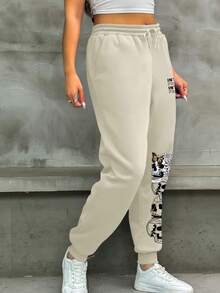 SHEIN EZwear 加大號骷髏花紋印花束口休閒運動褲 - 杏色 - 查看 4