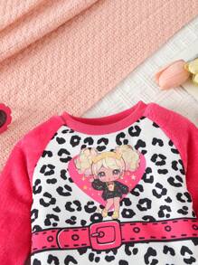 Baby Girls' Stylish Plush Patchwork Character Pattern Dress With Raglan Sleeve - Pink - View 3