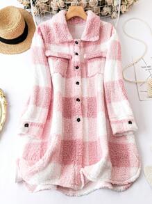 SHEIN LUNE 大碼格紋印花翻蓋口袋夾克 - 粉色 - 查看 1