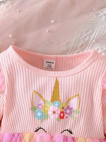 SHEIN 寶寶女孩可愛獨角獸紋長袖網紗連衣裙 - 粉色 - 查看 4