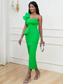 單肩荷葉邊修身綠色連衣裙 - 綠色 - 查看 3