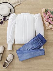 SHEIN Tweens Mädchen Puffärmel T-shirt & Paperbag Taille Jeans