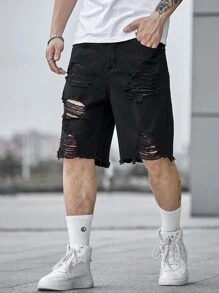 Manfinity EMRG Men Cotton Ripped Raw Hem Denim Shorts Plain Denim Jorts Vacation Baggy Black Denim Shorts, For Husband, Boyfriend Gifts