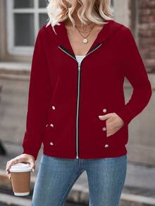 SHEIN LUNE 女款純色連帽常規運動衫 - 紅色 - 查看 6