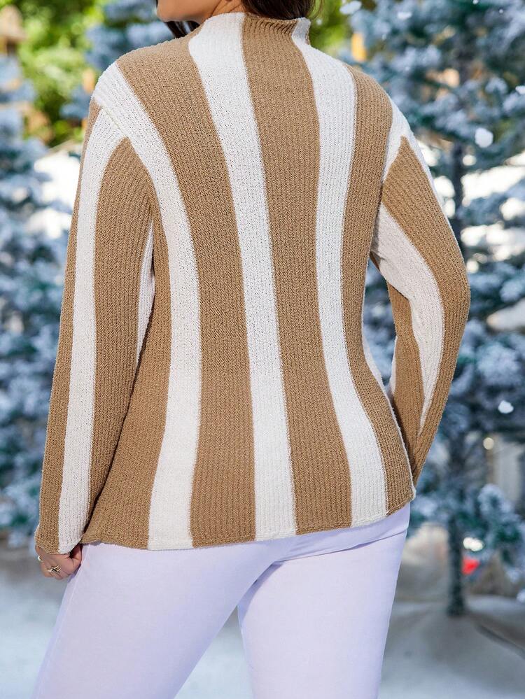 Plus Striped Pattern Mock Neck Sweater Knit Pullover Fall Winter Sweater