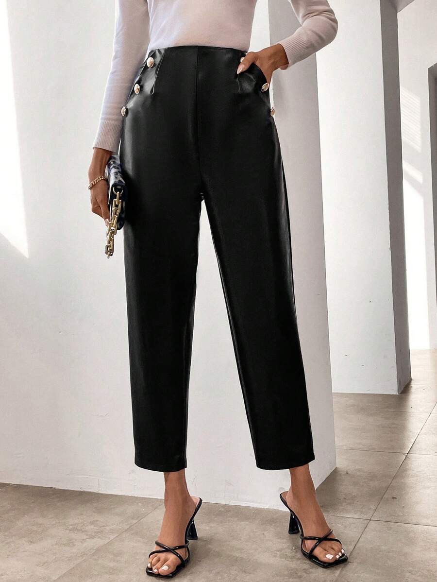 SHEIN LUNE Của phụ nữ Da giả Thẳng Quần - màu đen - Xem 1