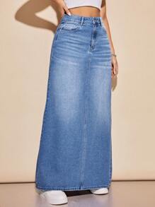 SHEIN Privé Denim A-line Skirt With Diagonal Pocket And Whisker Detail - Medium Wash - View 4