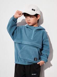 SHEIN Boys' Casual Comfortable Zipper Hooded Sweatshirt With English Woven Label, Autumn - Blue - View 1