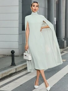 SHEIN Privé High Neck Cloak Sleeve Dress Without Belt - Apricot - View 5