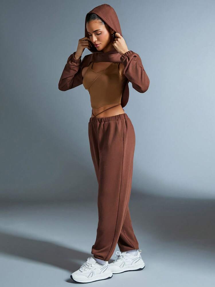 3pcs/set Camisole Top & Cropped Hoodie & Sweatpants Set