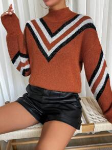 SHEIN LUNE Chevron Pattern Mock Neck Drop Shoulder Sweater - Brown - View 6