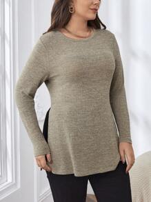 SHEIN Essnce Của phụ nữ Kích thước lớn Bên Khe Tay áo dài Áo thun - Màu Khaki - Xem 5