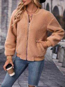 SHEIN LUNE 女士純色拉鍊夾克 - 棕色 - 查看 4