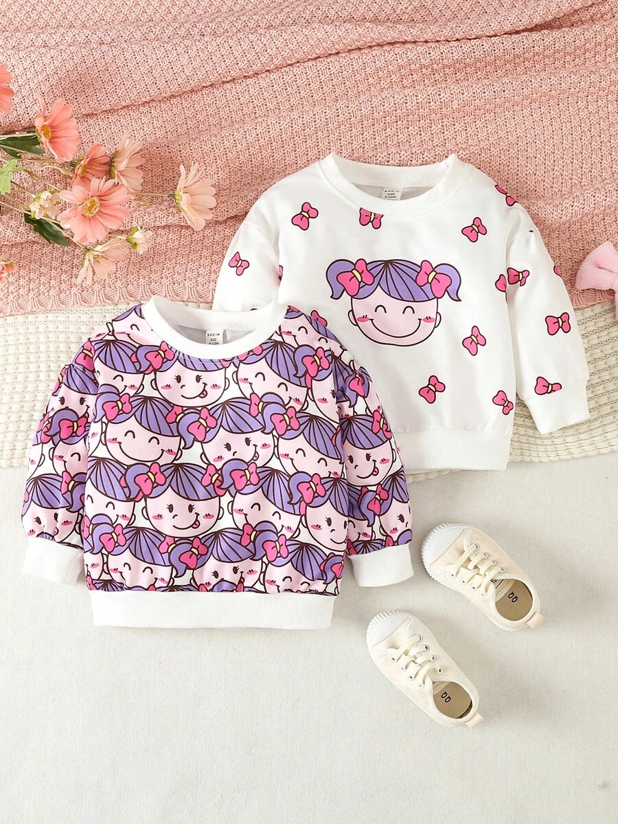 嬰兒女孩2入組可愛女孩印花圓領汗衫 - 彩色 - 查看 1