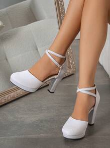 Women's High Heel Pumps Round Toe Thick Heel Waterproof Platform White Shiny Pumps For High-End Party, Pursuing Glamorous And Fashion Sense