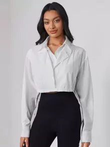 Amanda Daum Caballero Designer Business Casual Solid Drawstring Hem Double Collar Crop Shirt, For Holiday, Vacation, Spring, Beach, Festival, Ibiza Fits, Office - White - View 1