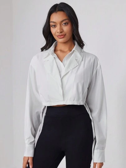 Amanda Daum Caballero 设计师商务休闲纯色抽绳下摆双领短款衬衫，适合假日、度假、春季、海滩、节日、伊比沙岛、办公室