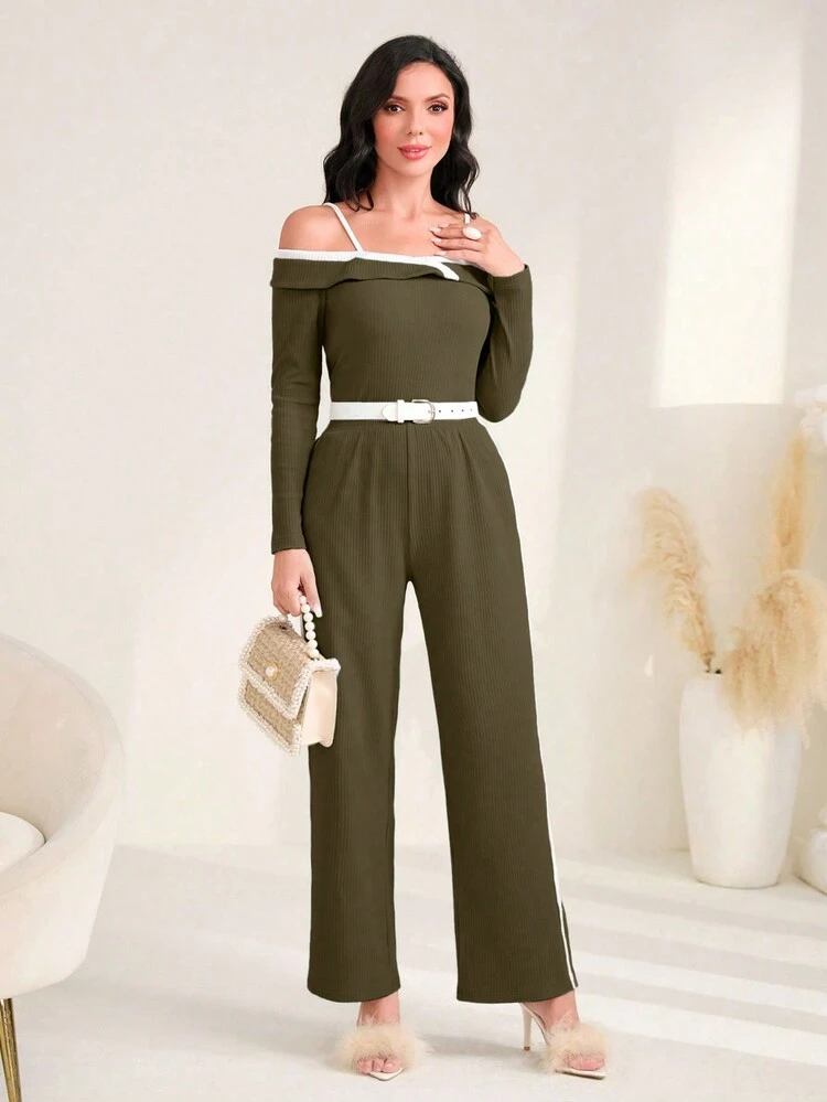 Off Shoulder Top And Pants Set With Contrast Trim 2 Piece Set