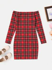 SHEIN Tween Girl Plaid Print Off Shoulder Split Hem Dress - Multicolor - View 2