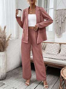 SHEIN Privé Sọc Cổ áo tây DOUBLE-BREASTED Bộ đồ Bộ - Bụi hồng - Xem 1