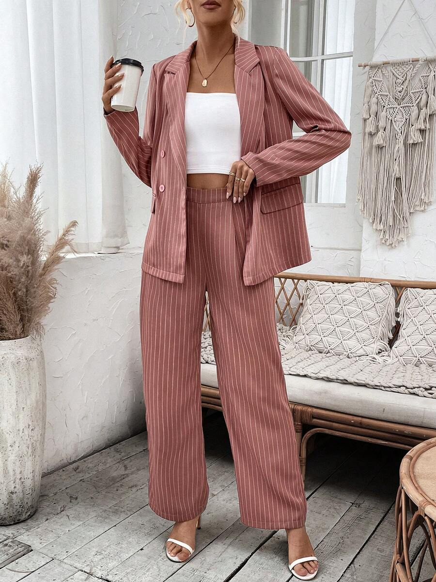 SHEIN Privé Sọc Cổ áo tây DOUBLE-BREASTED Bộ đồ Bộ - Bụi hồng - Xem 1