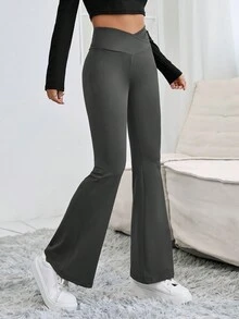 SHEIN PETITE 重疊腰喇叭褲 - 深灰色 - 查看 3