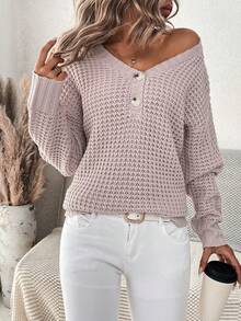 SHEIN Essnce Của phụ nữ Cổ chữ V Thả vai Áo chui đầu Áo len - Bụi hồng - Xem 3