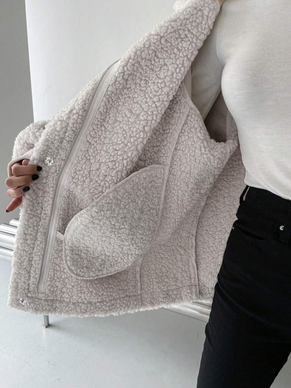 Raglan Sleeve Zip Up Teddy Coat Women Jacket,Fall Women Clothes,Thermal Lined