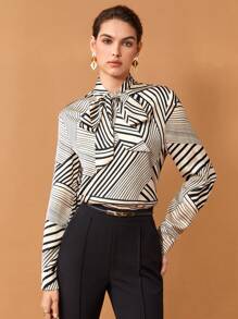 BizChic 女式黑白条纹系带蝴蝶结衬衫，长袖图案衬衫，优雅的办公室/休闲装